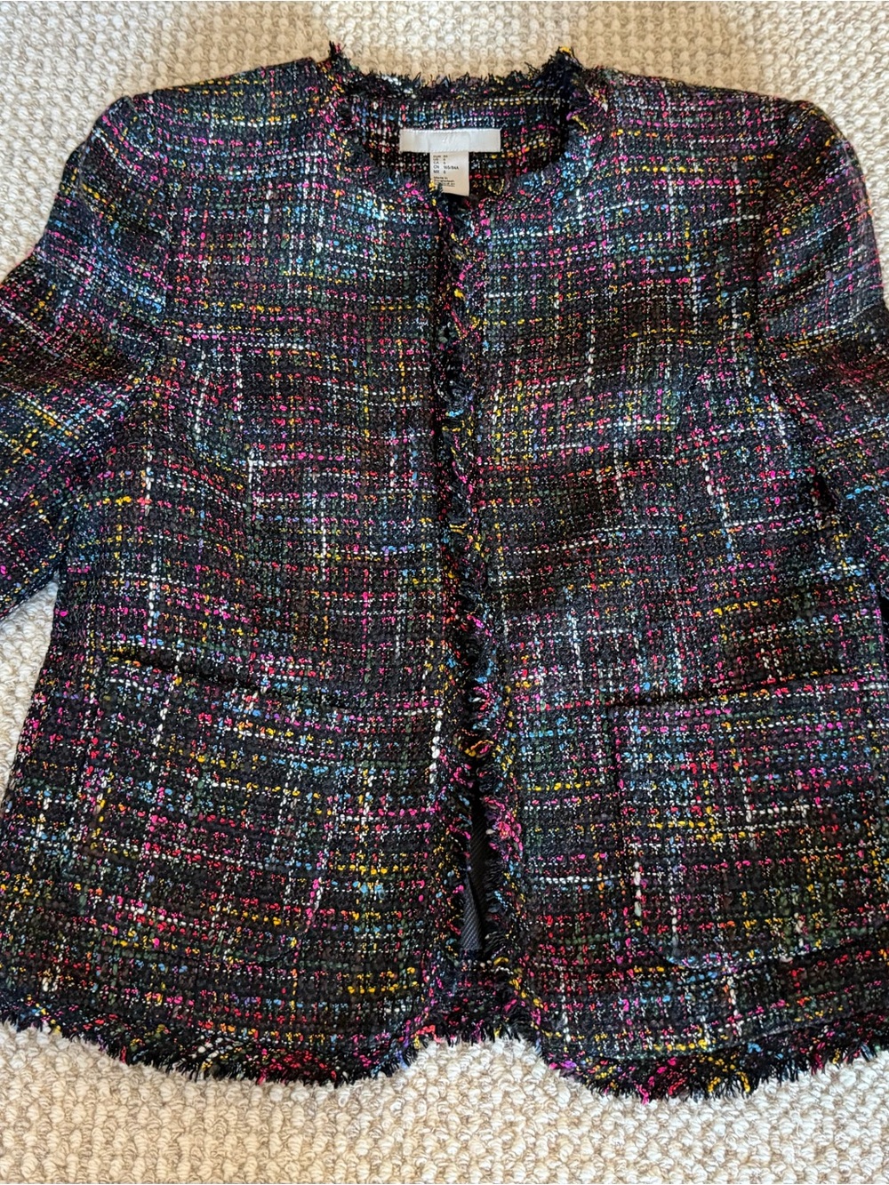 H&M Tweed Fringe Collarless Jacket Blazer Multi Color Women's Size 6 NEW